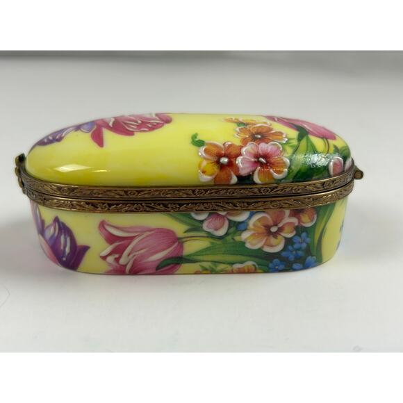 Rochard Limoges France Trinket Box Raised Floral Hand Painted Yellow Oval - Picture 3 of 14